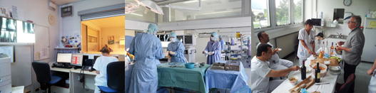 Van links naar rechts: Ook lichtkasten op de SEH./Vier operatie-eenheden in één grote ruimte.(Foto Jean Bajard) / Lunch in het ziekenhuis. De chirurgen laten de alcohol (meestal) achterwege.